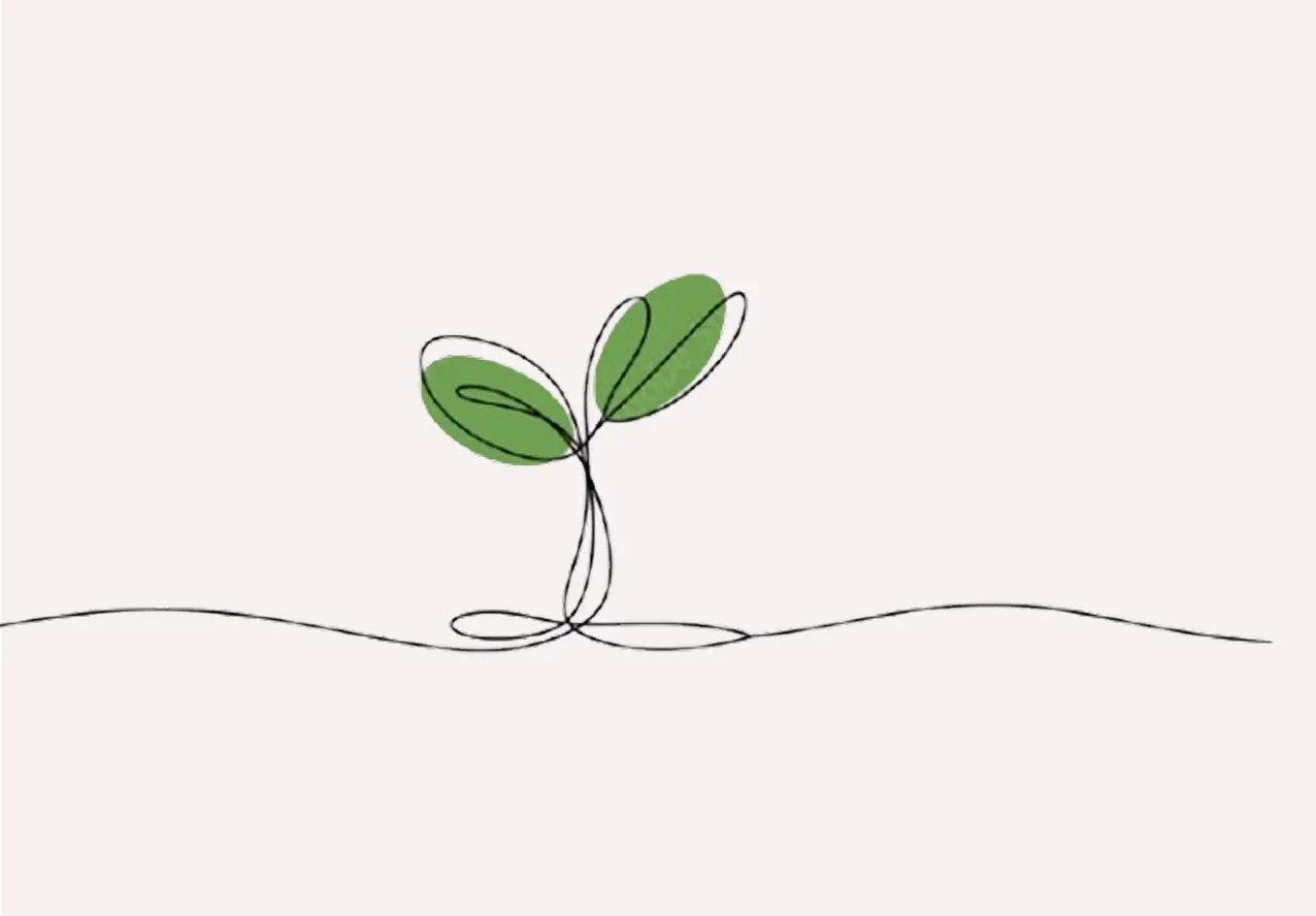 一筆書きで描かれた双葉のイラストと一本の水平線